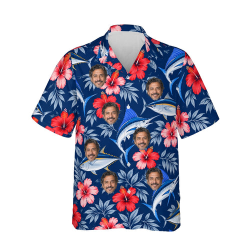 Fish & Hibiscus Fishing Hawaiian Shirt personalized with printed faces, front view