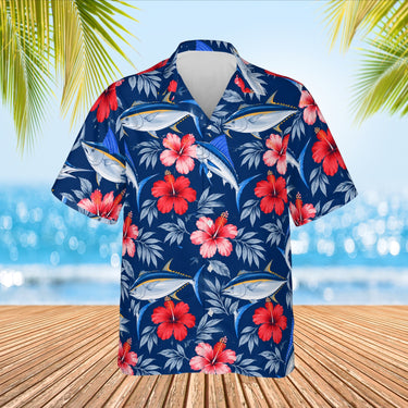 Fish & Hibiscus Fishing Hawaiian Shirt print before personalizing, front view