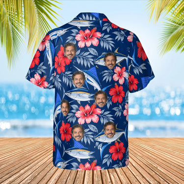 Fish & Hibiscus Fishing Hawaiian Shirt with custom faces, back view