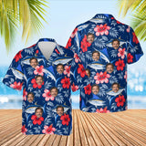 Fish & Hibiscus Fishing Hawaiian Shirt with custom faces, front and back