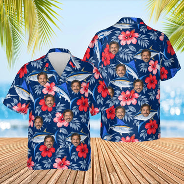 Fish & Hibiscus Fishing Hawaiian Shirt with custom faces, front and back