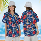 Woman wearing the Fish & Hibiscus Fishing Hawaiian Shirt with custom faces, front and back view