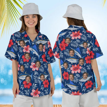 Woman wearing the Fish & Hibiscus Fishing Hawaiian Shirt with custom faces, front and back view
