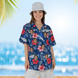 Woman wearing the Fish & Hibiscus Fishing Hawaiian Shirt with custom faces