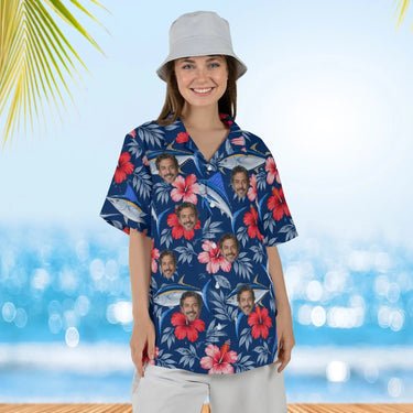 Woman wearing the Fish & Hibiscus Fishing Hawaiian Shirt with custom faces