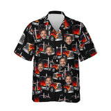 Flame Rig Trucker Hawaiian Shirt personalized with printed faces, front view