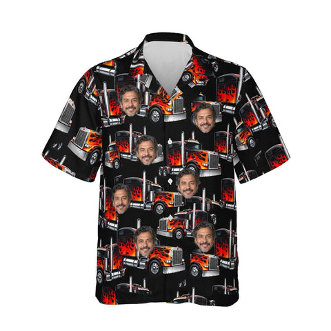 Flame Rig Trucker Hawaiian Shirt personalized with printed faces, front view