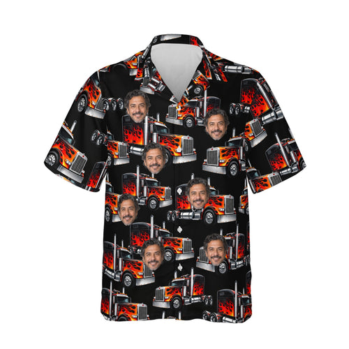 Flame Rig Trucker Hawaiian Shirt personalized with printed faces, front view