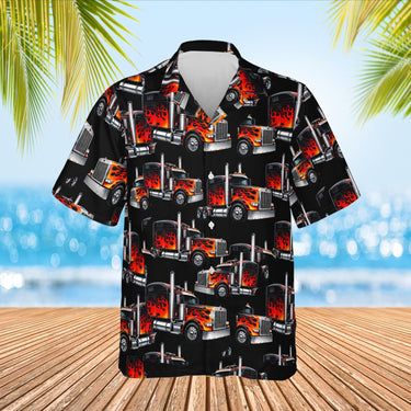 Flame Rig Trucker Hawaiian Shirt print before personalizing, front view