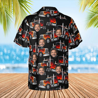 Flame Rig Trucker Hawaiian Shirt with custom faces, back view