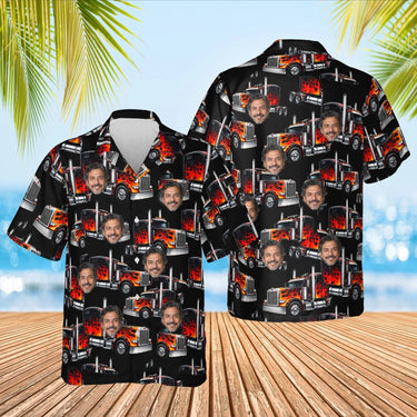 Flame Rig Trucker Hawaiian Shirt with custom faces, front and back