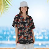 Woman wearing the Flame Rig Trucker Hawaiian Shirt with custom faces