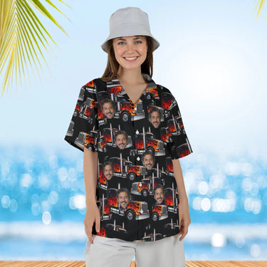 Woman wearing the Flame Rig Trucker Hawaiian Shirt with custom faces