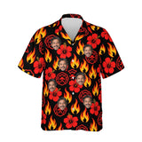 Flames & Hibiscus Firefighter Hawaiian Shirt personalized with printed faces, front view
