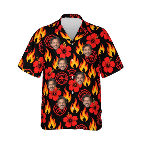 Flames & Hibiscus Firefighter Hawaiian Shirt personalized with printed faces, front view