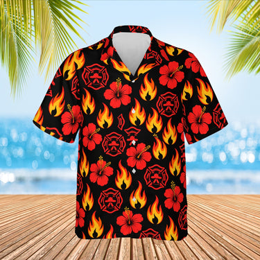 Flames & Hibiscus Firefighter Hawaiian Shirt print before personalizing, front view