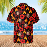 Flames & Hibiscus Firefighter Hawaiian Shirt with custom faces, back view