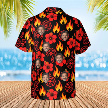 Flames & Hibiscus Firefighter Hawaiian Shirt with custom faces, back view
