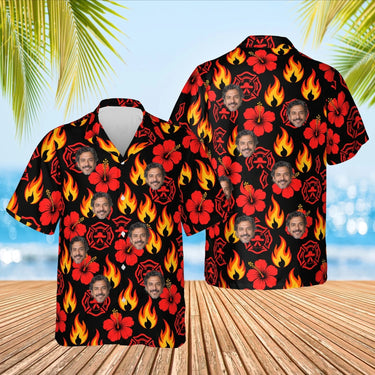 Flames & Hibiscus Firefighter Hawaiian Shirt with custom faces, front and back