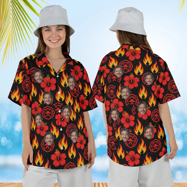 Woman wearing the Flames & Hibiscus Firefighter Hawaiian Shirt with custom faces, front and back view
