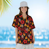 Woman wearing the Flames & Hibiscus Firefighter Hawaiian Shirt with custom faces