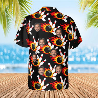 Flaming Ball Hawaiian Bowling Shirt with custom faces, back view