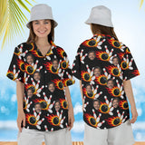 Woman wearing the Flaming Ball Hawaiian Bowling Shirt with custom faces, front and back view