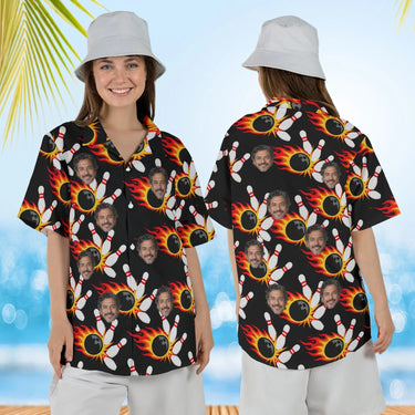 Woman wearing the Flaming Ball Hawaiian Bowling Shirt with custom faces, front and back view