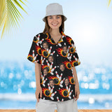Woman wearing the Flaming Ball Hawaiian Bowling Shirt with custom faces