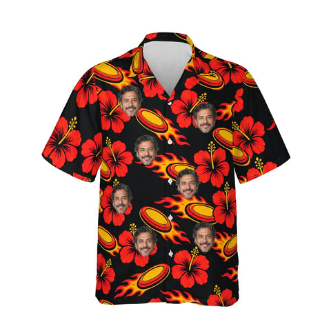 Flaming Disc Golf Hawaiian Shirt personalized with printed faces, front view