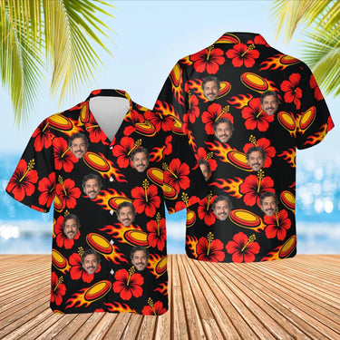 Flaming Disc Golf Hawaiian Shirt with custom faces, front and back