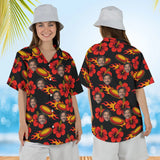 Woman wearing the Flaming Disc Golf Hawaiian Shirt with custom faces, front and back view
