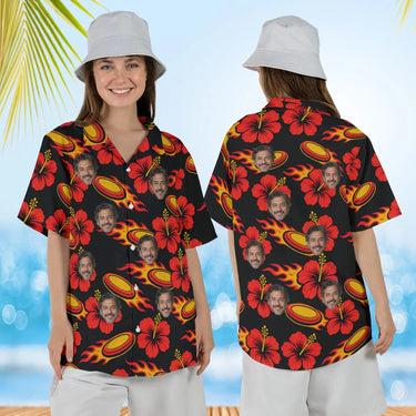 Woman wearing the Flaming Disc Golf Hawaiian Shirt with custom faces, front and back view