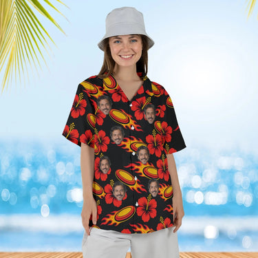 Woman wearing the Flaming Disc Golf Hawaiian Shirt with custom faces