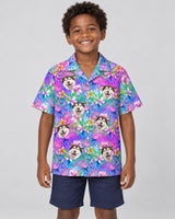 Flamingo Breeze Hawaiian shirt with printed faces, worn by a child