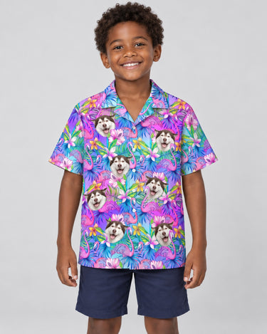 Flamingo Breeze Hawaiian shirt with printed faces, worn by a child