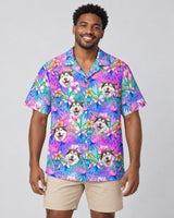 Flamingo Breeze Hawaiian shirt with printed faces, worn by a man