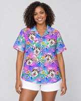 Flamingo Breeze Hawaiian shirt with printed faces, worn by a woman