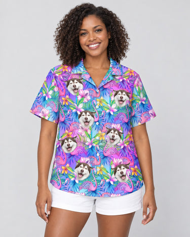 Flamingo Breeze Hawaiian shirt with printed faces, worn by a woman