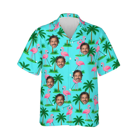 Flamingo Golfers Funny Hawaiian Golf Shirt personalized with printed faces, front view