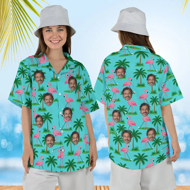 Woman wearing the Flamingo Golfers Funny Hawaiian Golf Shirt with custom faces, front and back view