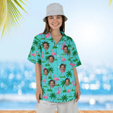 Woman wearing the Flamingo Golfers Funny Hawaiian Golf Shirt with custom faces