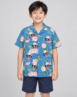 Flamingo Paradise Hawaiian shirt with printed faces, worn by a child