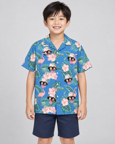 Flamingo Paradise Hawaiian shirt with printed faces, worn by a child