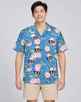 Flamingo Paradise Hawaiian shirt with printed faces, worn by a man