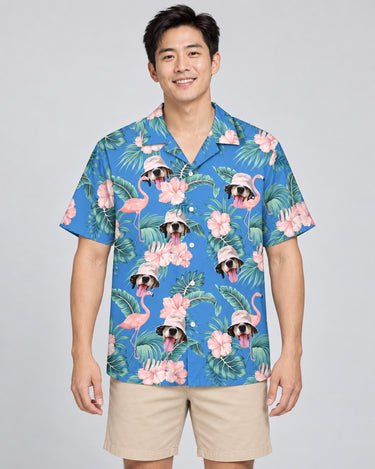 Flamingo Paradise Hawaiian shirt with printed faces, worn by a man