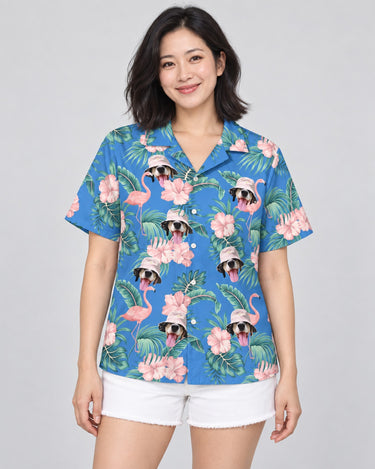 Flamingo Paradise Hawaiian shirt with printed faces, worn by a woman