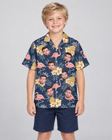 Flamingo Pineapple Paradise Hawaiian shirt with printed faces, worn by a child