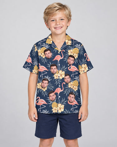 Flamingo Pineapple Paradise Hawaiian shirt with printed faces, worn by a child