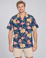 Flamingo Pineapple Paradise Hawaiian shirt with printed faces, worn by a man